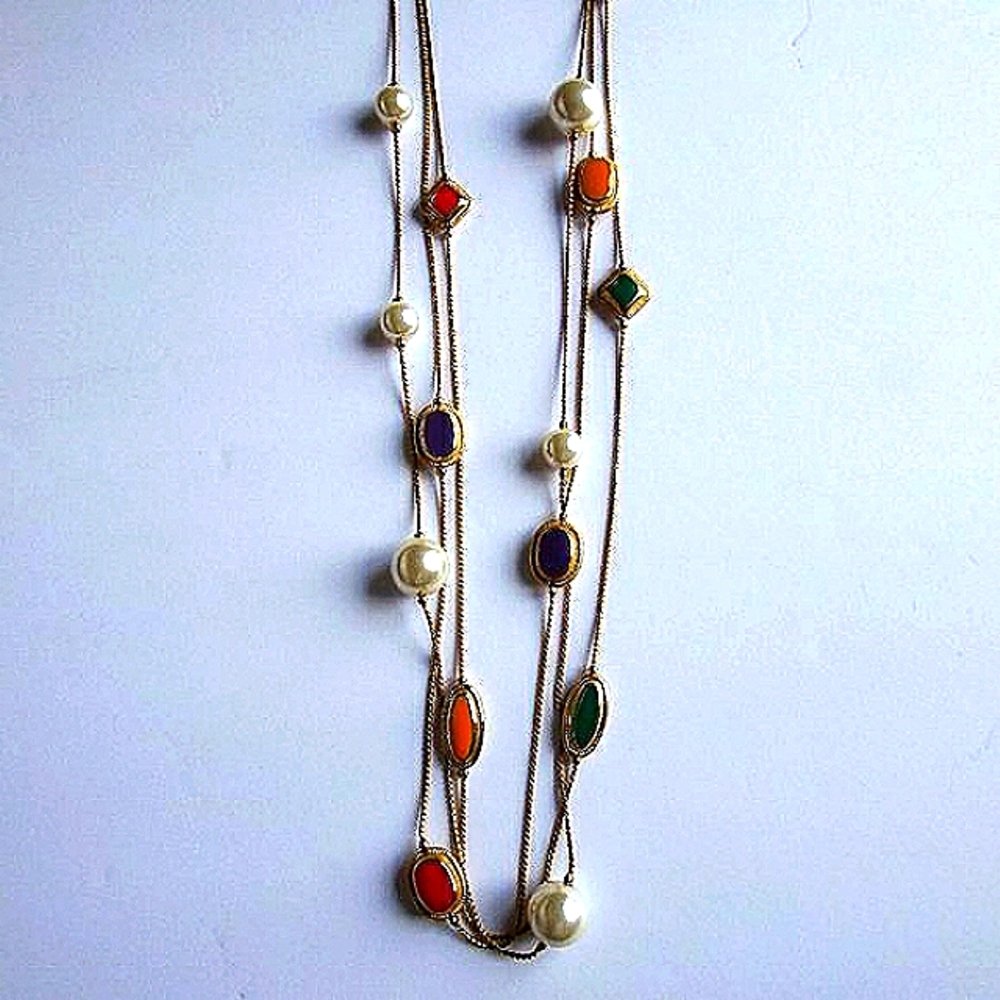 Faux Pearl/Gold Tone/Enamel 3-Strand Necklace 30"